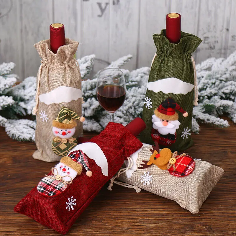 Новейшая крышка для бутылки с красным вином сумки Снеговик Санта Клаус Рождественский Декор стол Рождественский подарок Шампань мешочек грубая ткань для упаковки сумка