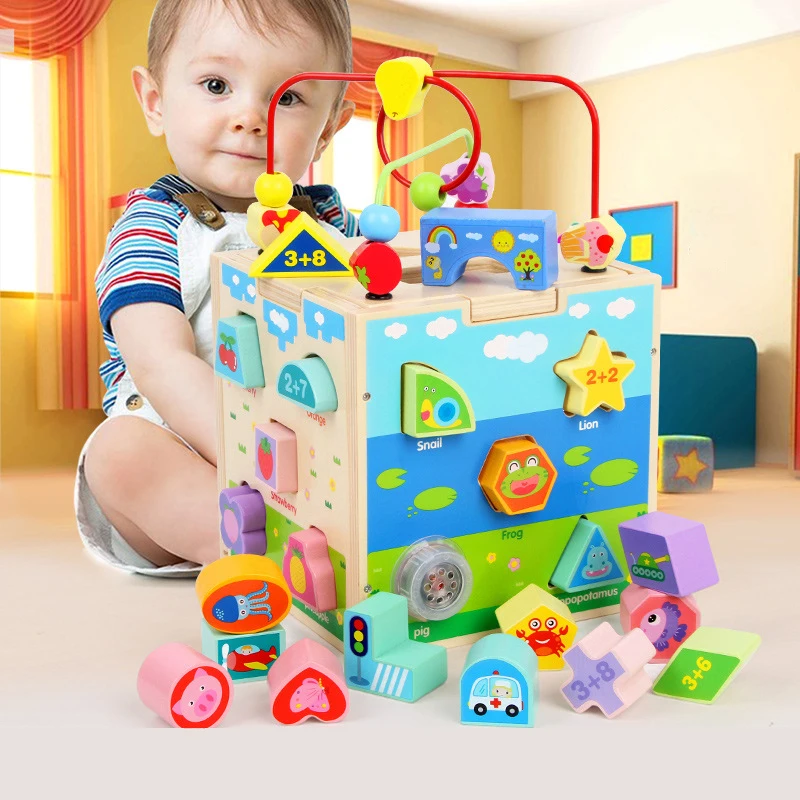 

Boy and girl intellectual development develop early education enlightenment wooden puzzle building blocks creative box