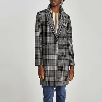 

Autumn Winter Woolen Plaid Overcoats Women Turn Down Collar One Button Basic Long Wool Blends Coat Outwear XB1201