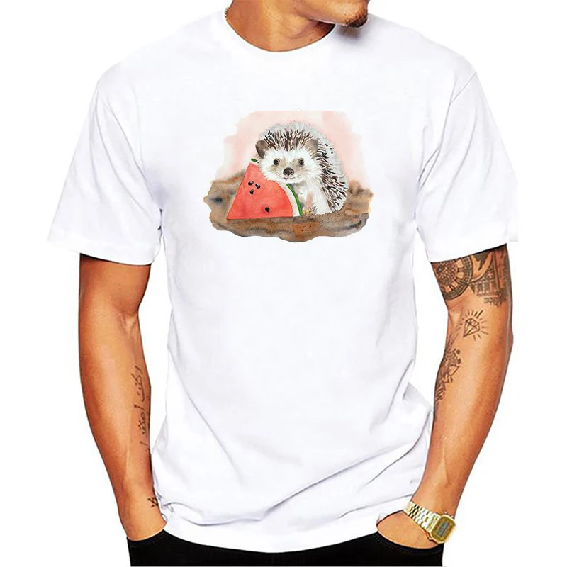 Men's Art Style Cute Watercolor Hedgehog Casual T-Shirt Men Summer Modal Print Tees Hipster Men T Shirt Homme Harajuku