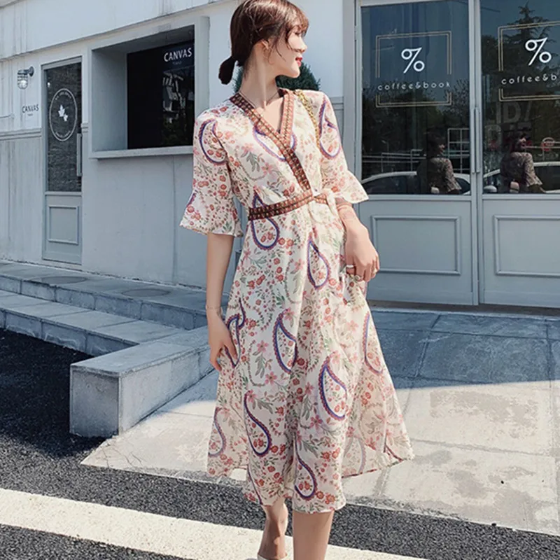

Korean Chiffon Dress for Women Print Dresses Women High Waist Floral Dress Woman Flare Sleeve Dress Plus Size Vestidos De Fiesta
