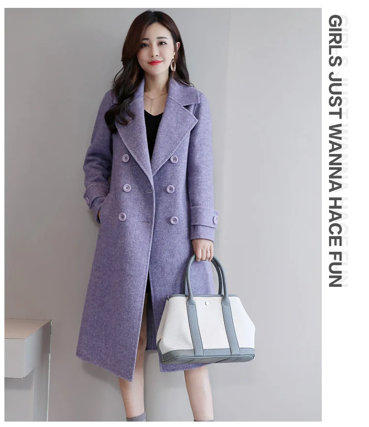 YASUGUOJI Новинка Женское зимнее длинное пальто элегантное двубортное фиолетовое пальто с поясом утолщенное Женское шерстяное пальто светильник синий