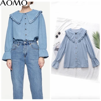 

AOMO fashion women retro ruffle denim blouse long sleeve chic female casual loose shirt blusas femininas 1D306A