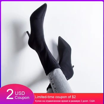 

autumn black beige microfiber stretch mid Calf Boots Women 2020 pointed toe thin Heel women shoes sexy High Heel Booties woman