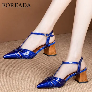

FOREADA Real Leather Slingbacks Shoes Woman Pumps Pointed Toe High Heels Buckle Strap Thick Heel Shoes T-tied Ladies Footwear