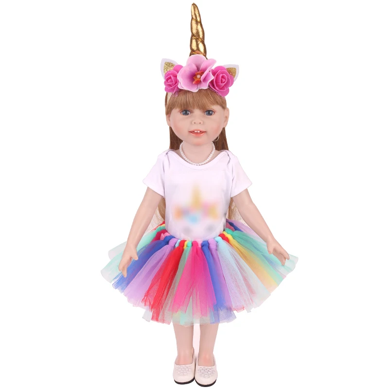 18 дюймов девушки кукла костюм «Единорог» Ручной Работы Радуга кружевная юбка с обувью Американский Новорожденный платье детские игрушки подходит 43 см кукла c746