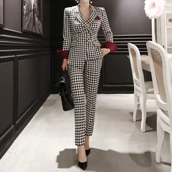 

New Women Plaid Blazer Suit Jackets And Feet Pants Suits 2 Pieces Set Lady Slim Work Office Suits