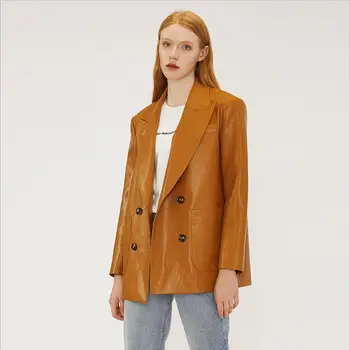 

England locomotive style doubel breasted pu leather jackets female adjustable great quality orange leather jackets F1015