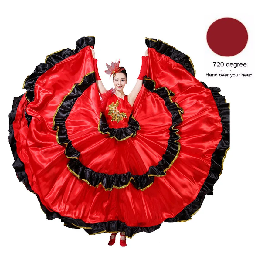 180-720 Degree Adult Female Dress Red Long Flamenco Skirt Performance Spanish Bullfighting Dance Big Swing Skirt Costumes - Цвет: 720 Degree Skirt