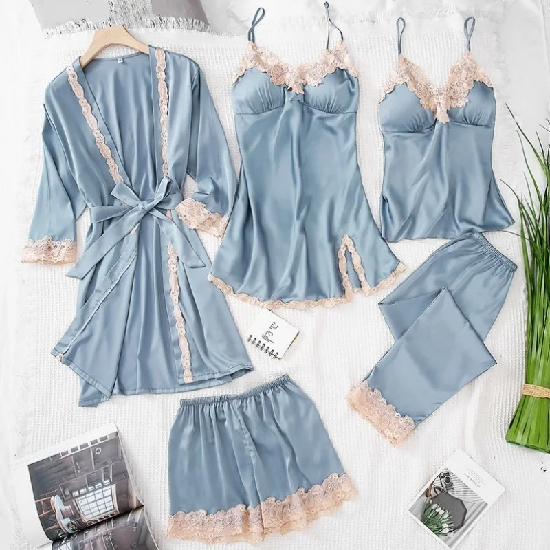 5 шт./компл. женские модные пижамы шелковое кружевное белье Халаты Костюмы Домашняя одежда пижамы