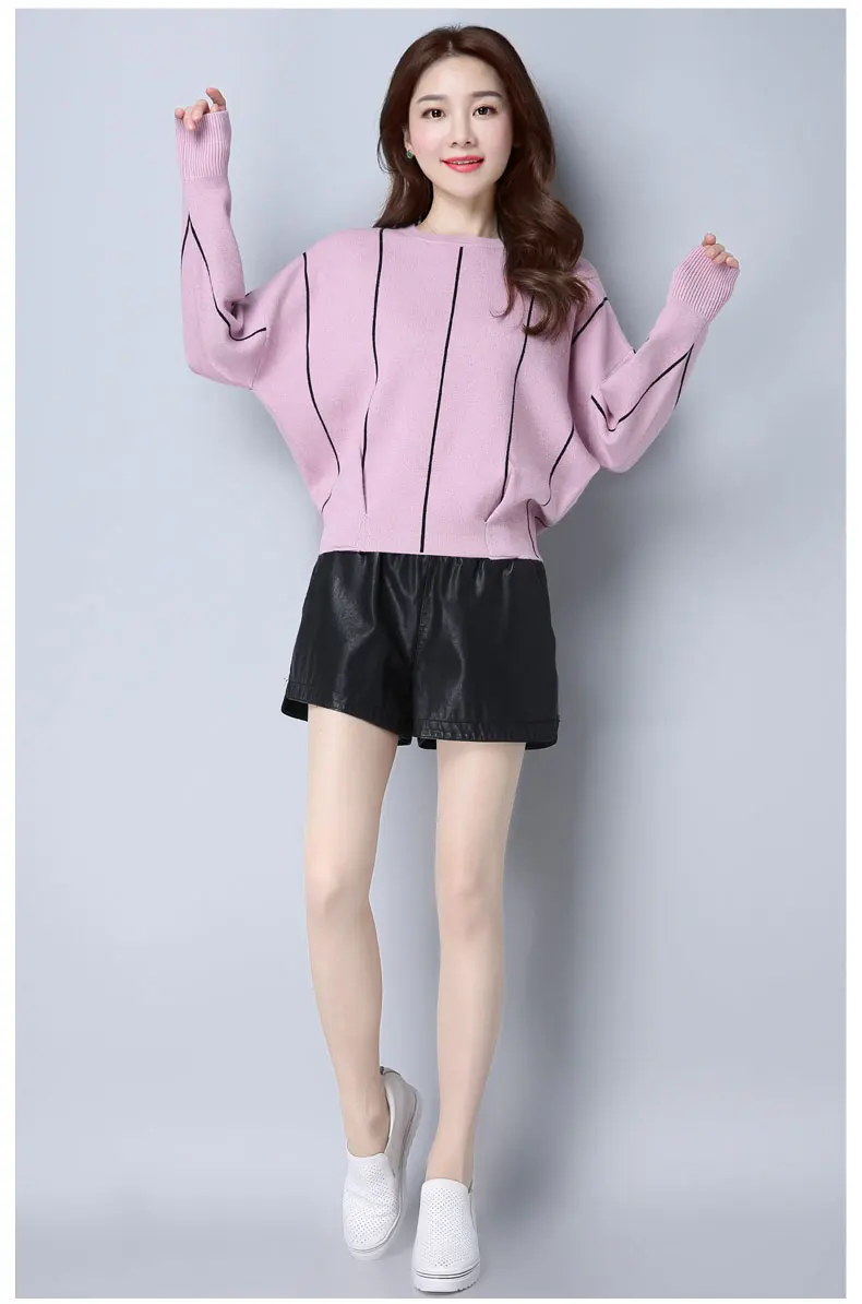 High quality comfortable casual sweater women Korean short O-neck pullover loose bat sleeve knit top fashion striped sweater