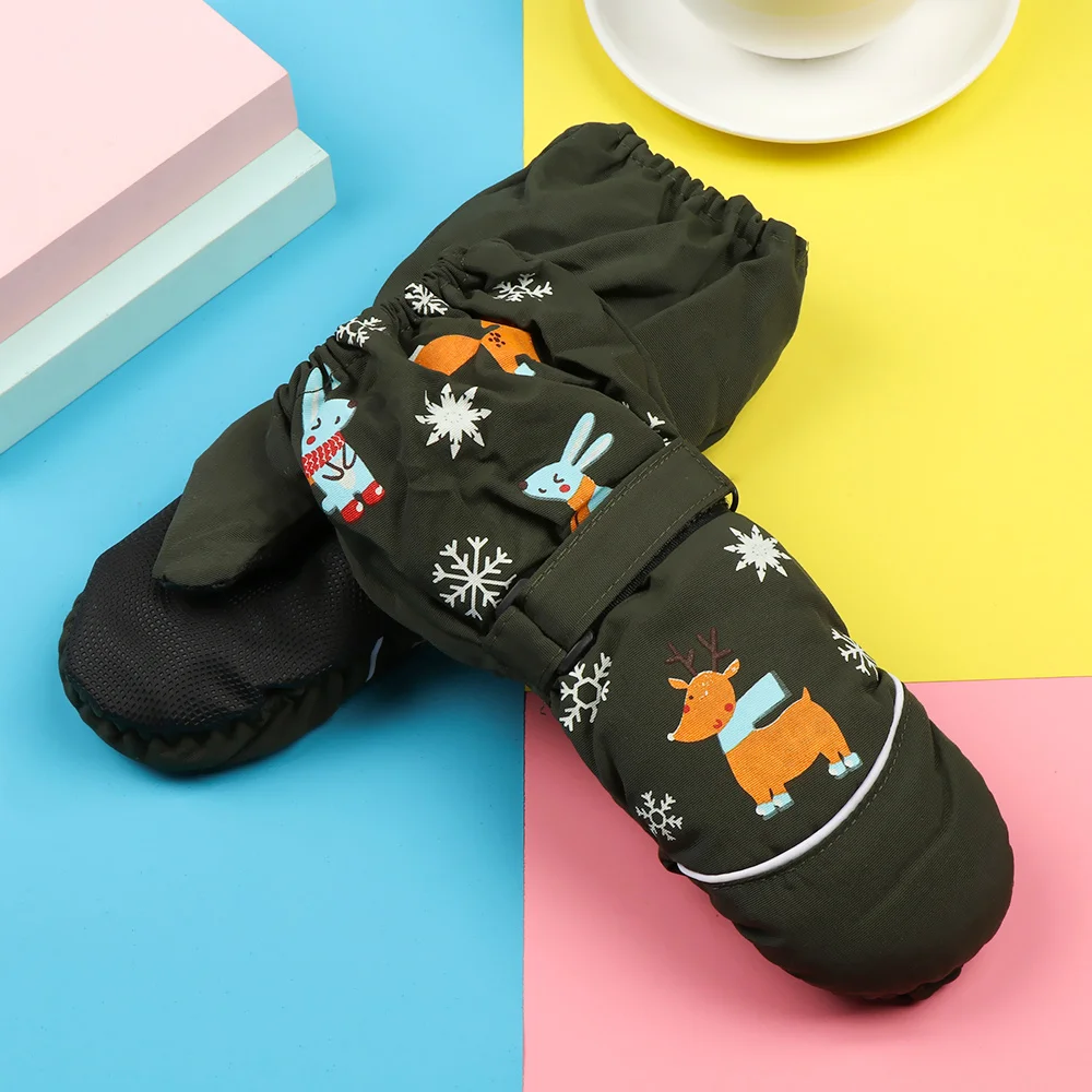 1Pair Cartoon Children Ski Gloves Long-sleeved Mittens Winter Windproof Waterproof Thick Warm Non-slip Deer Rabbit 2-6 Years Old