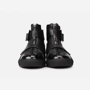 

Top Mens Winter High Sneakers Sheepskin Cross Strap Genuine Leather Spliced Casual Footwear Flats Zipper Designer Trainer Shoes