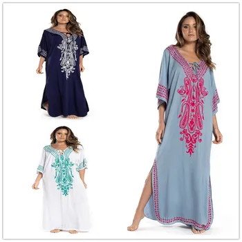 

Beach Dress Tunic Pareo Women Coverup Swimwear May Female Cotton Embroidered Skirt Shirt For Europeans Americans Animal