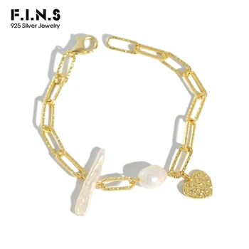 

F.I.N.S REAL 925 Sterling Silver Bracelet INS Irregular Baroque Freshwater Pearl Link Chain Wrist Bracelet with Heart Pendant