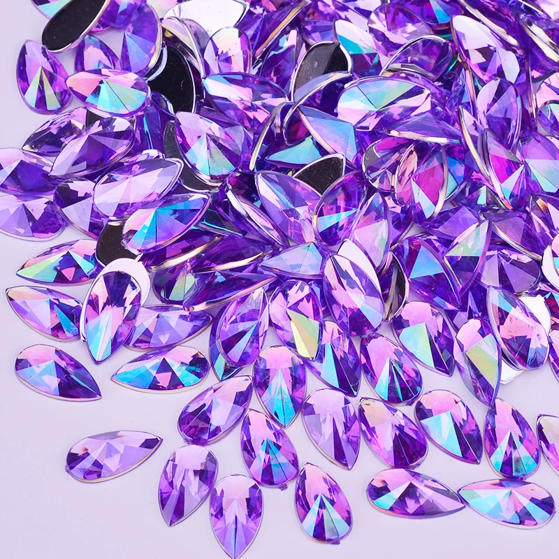 Acrylic Rhinestones 8*13mm 9*18mm Black AB Teardrop Glue on Flatback Strass Crystal Diamonds Non Sewing Decorative Stones