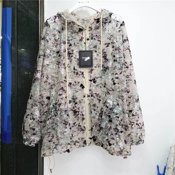 

SuperAen 2020 New Fashion Full Lace Sequin Mesh Printed Hooded Sun-Proof Zipper Turn-down Collar Clothing Thin Cardigan Jacket