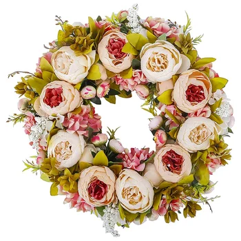 

Artificial Peony Flower Wreath 19Inch Vintage Flower Green Leaves for Outdoor Front Door Wedding Wall or Window DeCor