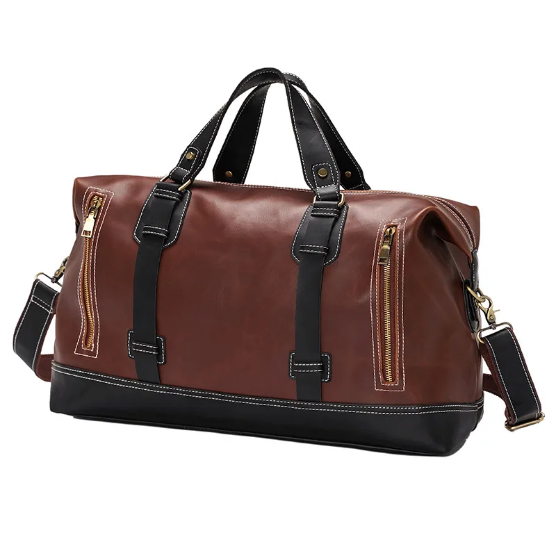 

Brand Retro Brown Bucket Travel Bags Large Crazy Horse PU Leather Handbags Shoulder Bag Men Business Luggage Bag