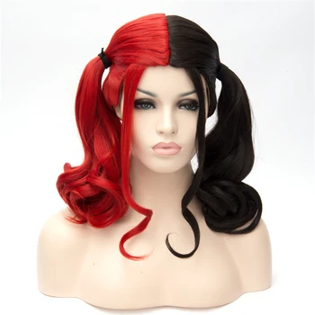 

GAKA Black and Red Double Ponytail Pink Synthetic Cosplay Wig Short Natural Wave Women Wig Free Hair Cap