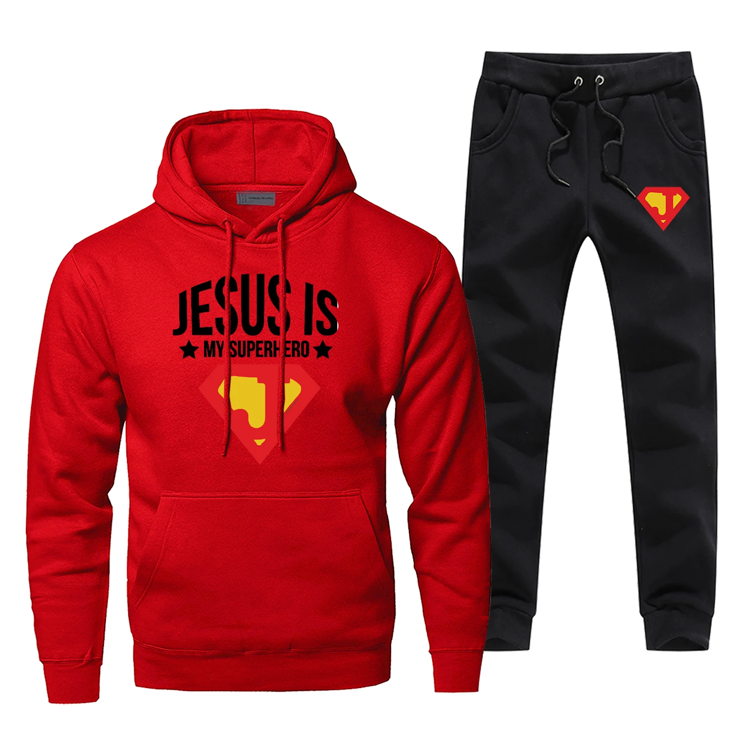 Jesus Is My Super Hero, комплект с толстовкой и штанами, Мужская толстовка, мужские толстовки с капюшоном, мужские комплекты из двух предметов, штаны с забавным рисунком, 2 предмета, пальто