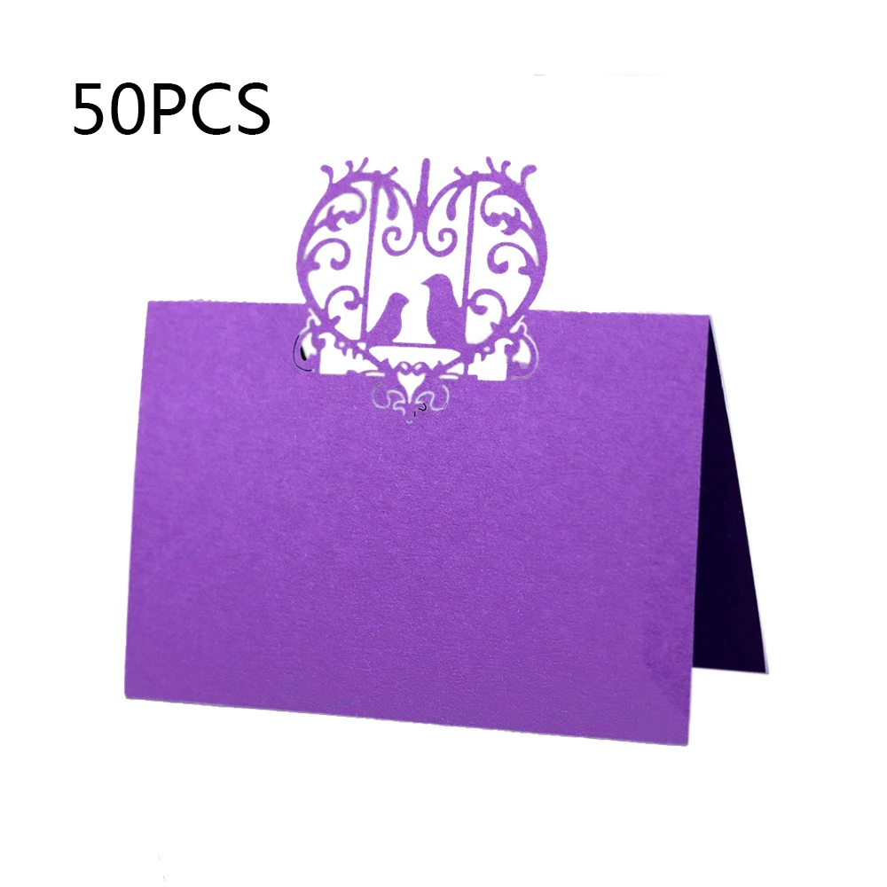 50 шт. лазерная резка маленькая птичка в форме сердца Свадебные именные открытки для свадебной вечеринки украшение стола Свадебный декор - Цвет: Purple