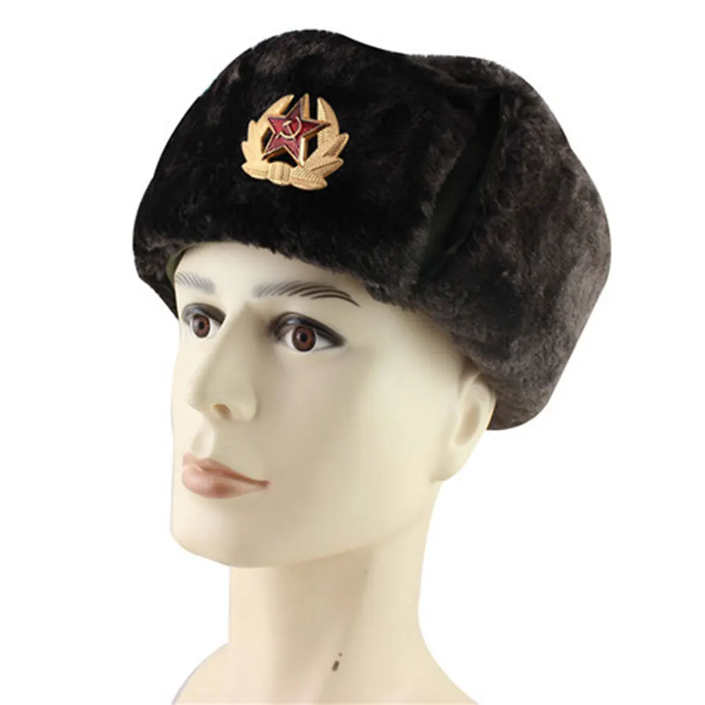 Hat Russian Army Military Hats Pilot Police Polyester Hat Winter Men Snow Skiing Cap With Earmuffs 55-60 Cm
