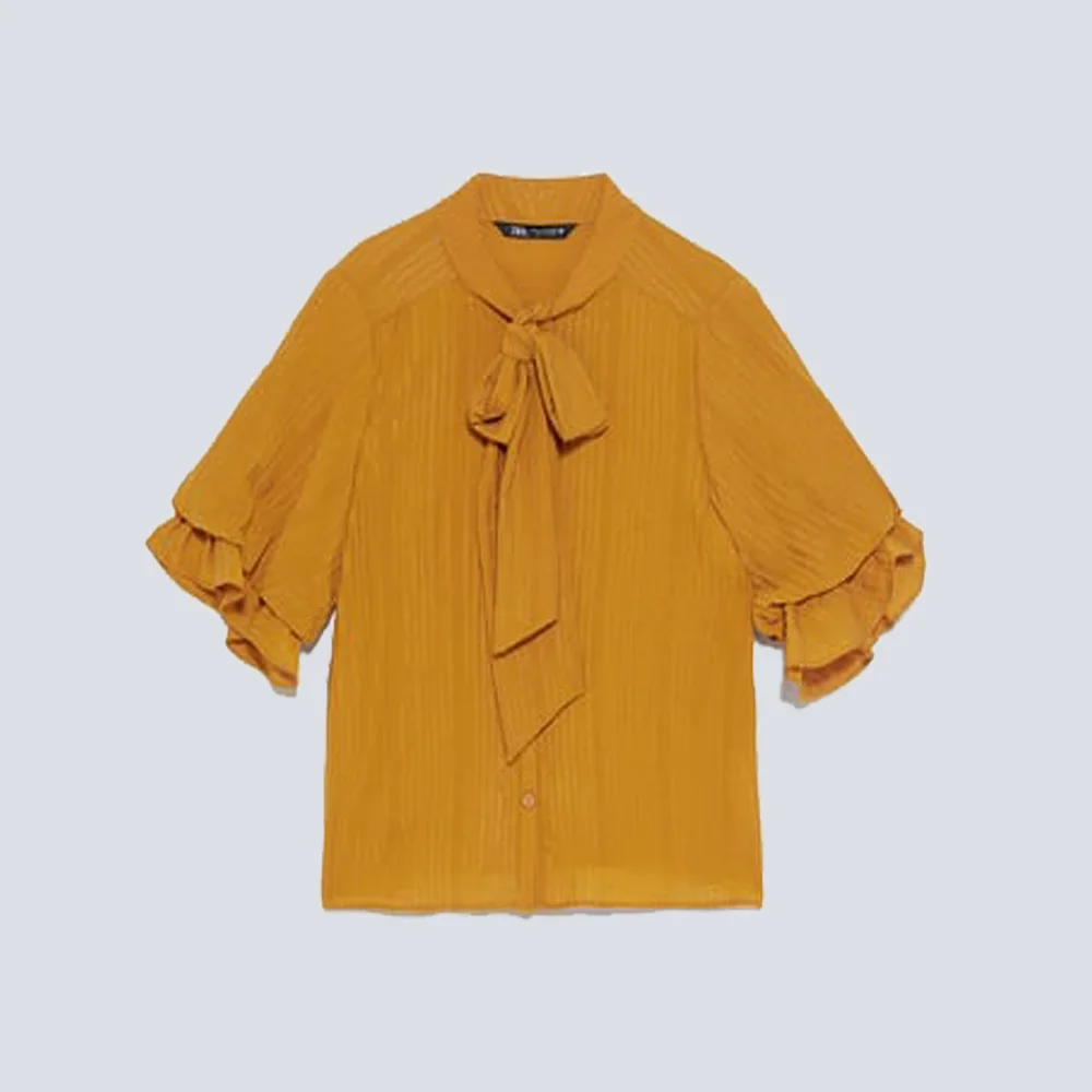 ZA Осенняя желтая рубашка с бантом Boho модная женская одежда Повседневная рубашка с коротким рукавом для отдыха путешествия - Цвет: Золотой