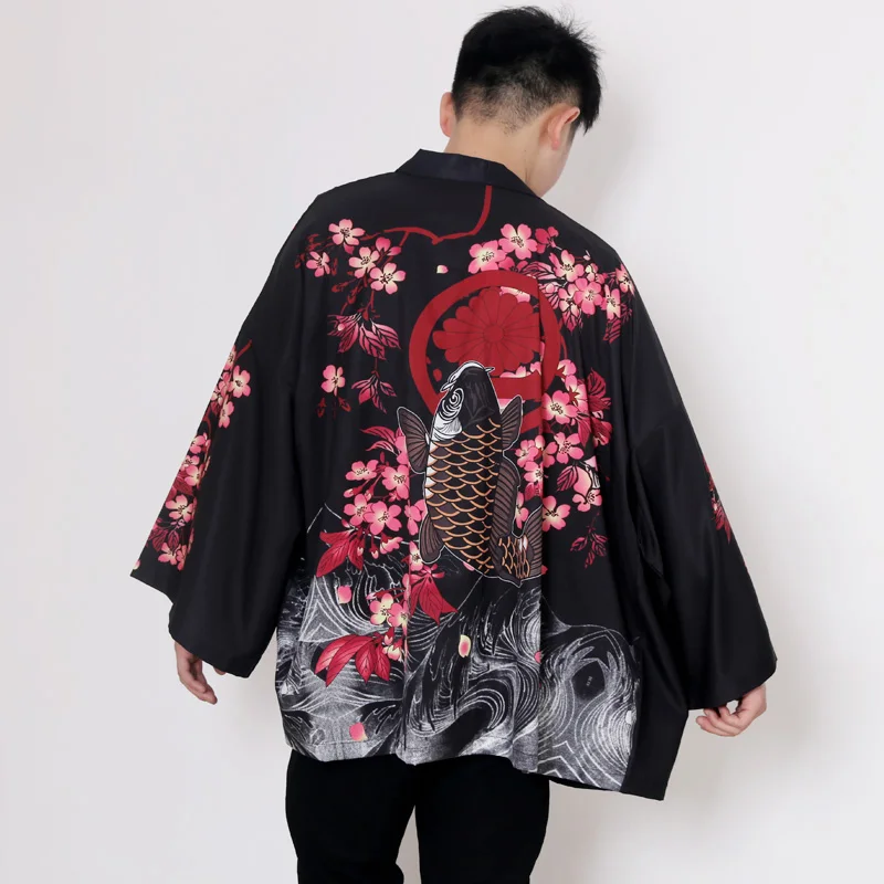 Black Kimono Cardigan Women Men Japanese Obi Male Yukata Men's Haori Japanese Wave Carp Print Coat Traditional Japan Clothes New