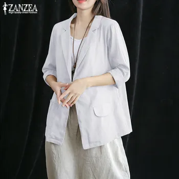 

ZANZEA 2020 Women's Blazers Stylish Single-button Coats Fashion 3/4 Sleeve Linen Outwaer Female Jackets Plus Size Solid Tunic