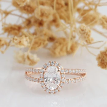 

Veryins Split Band 14K Rose Gold Anniversary Promise Ring Center 1ct Oval Cut Moissanite Halo Engagement Ring for Women Gift
