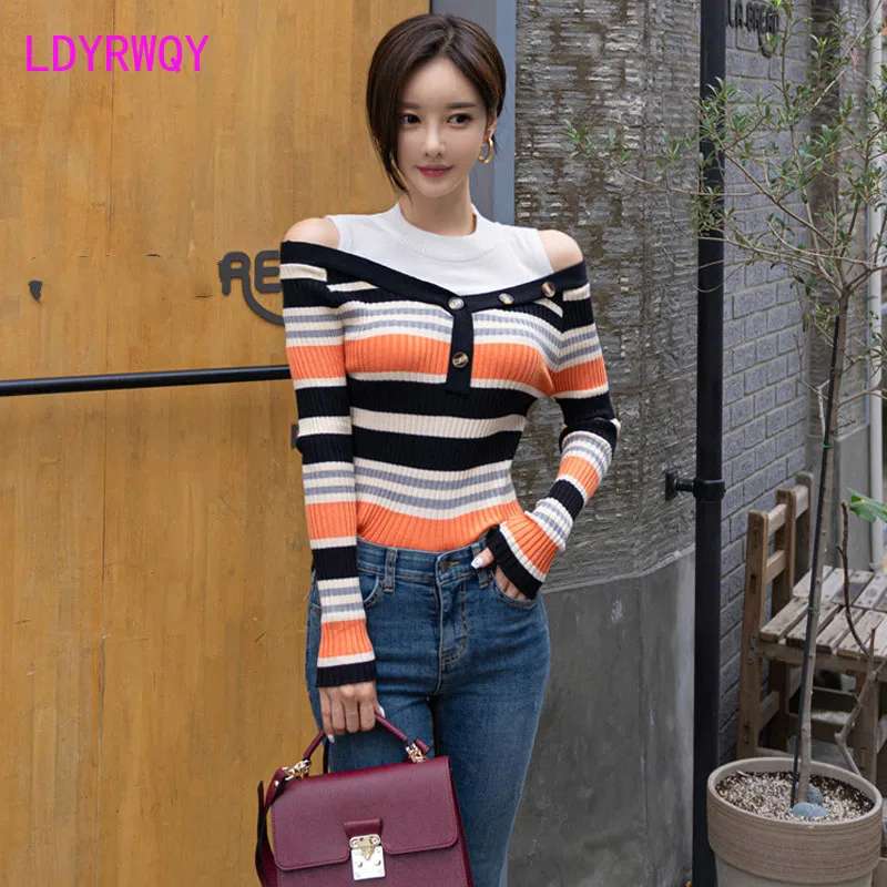 

2019 autumn and winter new Korean temperament leaking shoulder Slim stitching stripe bottoming women's knitted sweater