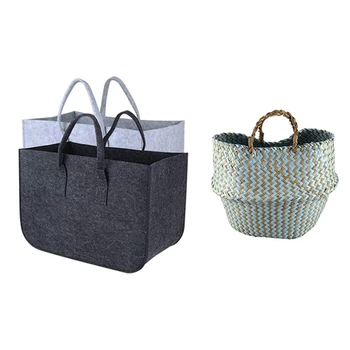 

2 Pcs Wood Bag Felt Wooden Bags, Felt Shopping Bag & 1 Pcs Foldable Handmade Seagrass Storage Basket