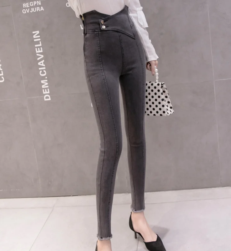 Женские обтягивающие джинсы с высокой талией, летняя уличная одежда, тонкие джинсовые брюки длиной до щиколотки - Цвет: Серый