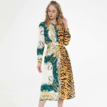 

High Street Style A-Line Dresses Women 2020 Spring New Runway Designer Vintage Stitching Tiger Print Midi Dress