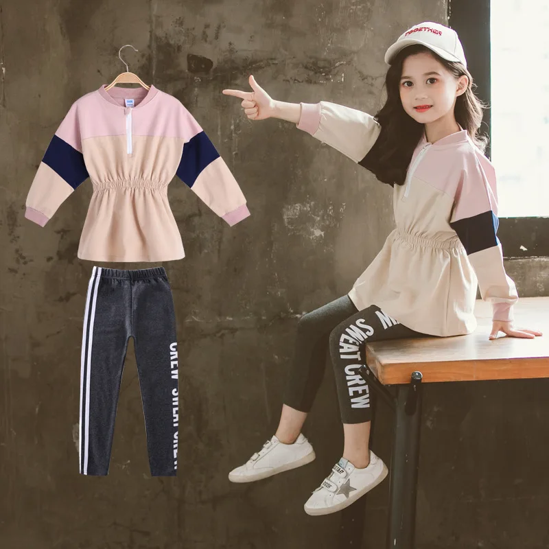Осенняя детская одежда для девочек, топы на молнии с длинными рукавами+ леггинсы, комплект детской одежды из 2 предметов для девочек, От 4 до 14 лет