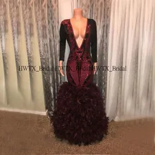 Длинные рукава Бургундия перья Выпускные платья 2K20 Погружаясь шеи Сексуальная Русалка Длинные африканская темнокожая девушка Формальное вечернее платье