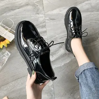 

Leather shoes PU women 2020 new black Japanese women's shoes lace comfortable casual women's shoes breathable increased women's