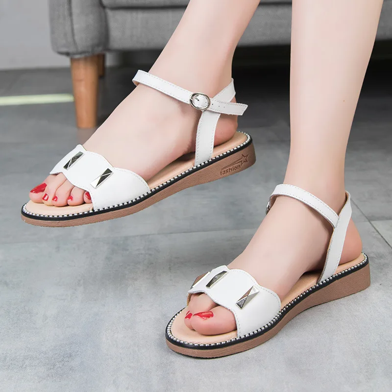 

New Style Summer Genuine Leather Casual Korean-style WOMEN'S Sandals Simple Anti-slip Wear-Resistant Versatile Students Flat Buc