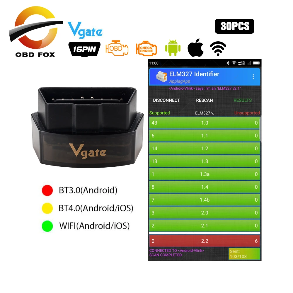 US $279.50 30pcslot Vgate icar pro bluetooth 30 40 obd2 code reader scanner ELM327 WIFI V21 Car Diagnostic tool for Android ios elm 327