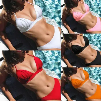 

Hot Womens Triangle Bikini Sets Padded Bra Tops Thong Bottoms Swimwear Swimsuit Summer Sexy Lace-up Beach Sea Bikini Swimwear