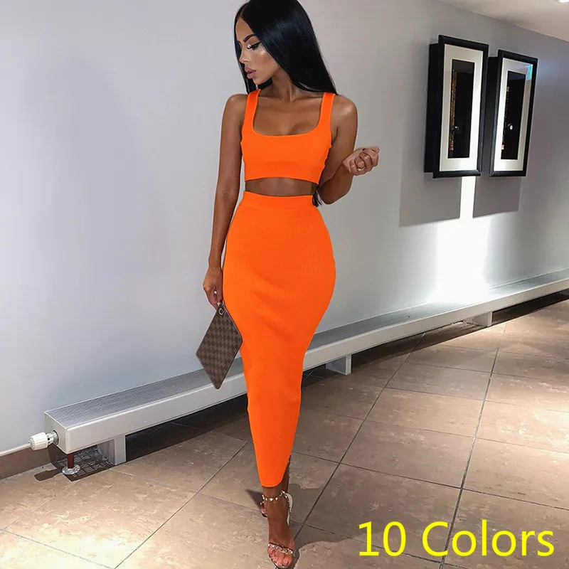 

Women Set Multicolor High Waist Long Skirt And Cropped Tops Sexy Womens Two Piece Sets Comfortable Females Outfits Party Clothes