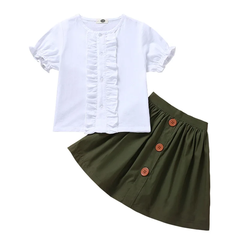 

Explosive Models Baby Girls Solid Color Lace Short-sleeved Shirt + Wild High Waist Single-breasted A-line Skirt Two Pieces Set
