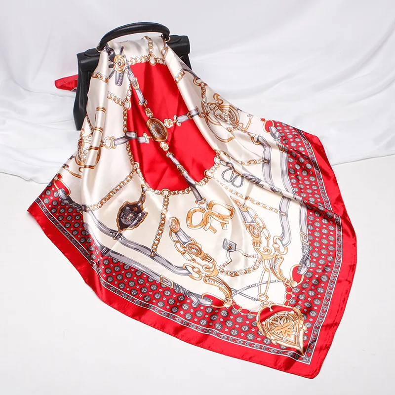 FXAASS бандана женский хиджаб квадратный шарф мода Леди Ретро Роскошный шелковый шарф шали пояс подковы 90*90 см большой головной платок - Цвет: Красный