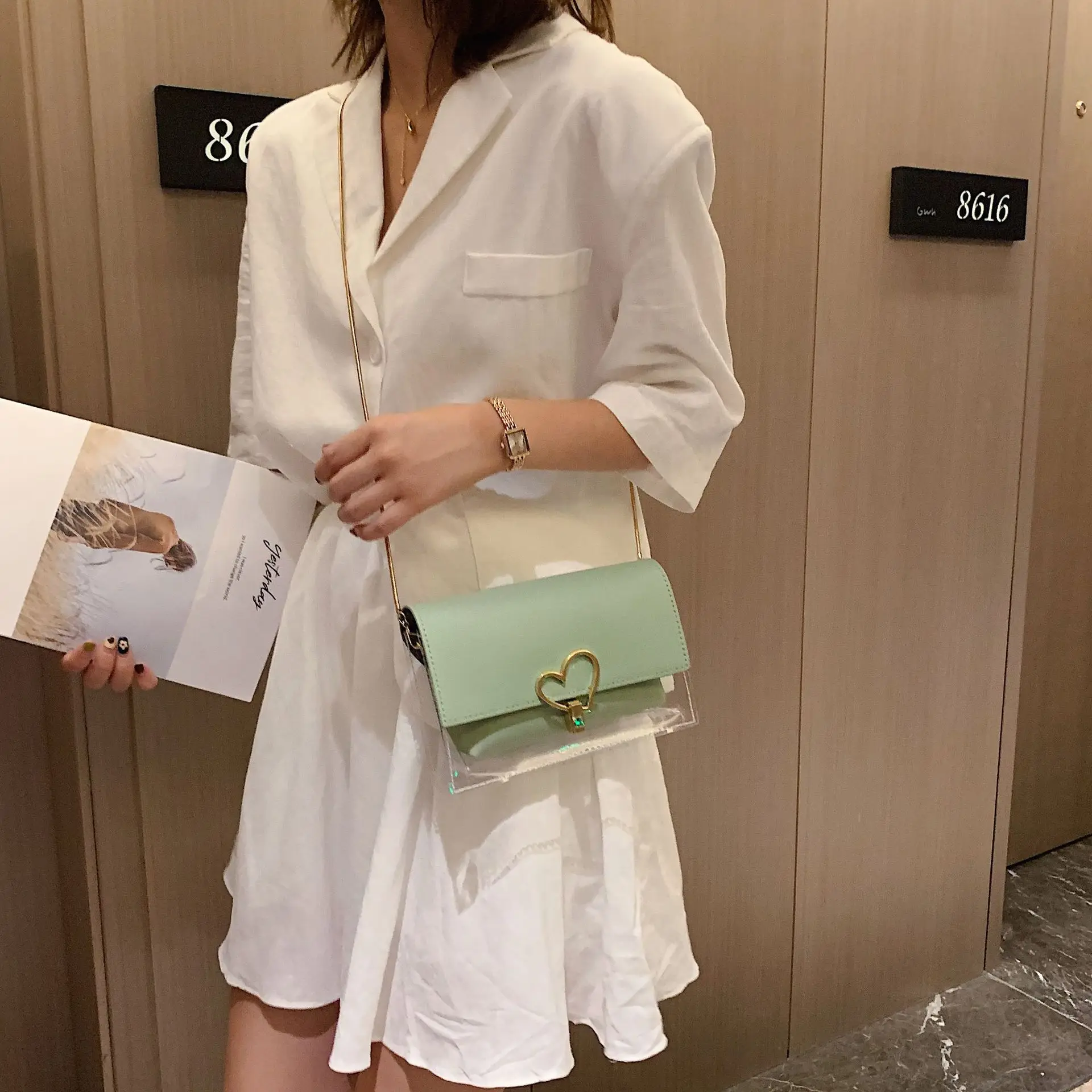 

Korean-style New Style Transparent Picture Square Sling Bag 2019 Summer Pu Joint Shoulder Bag Online Celebrity-Heart Chain Bag