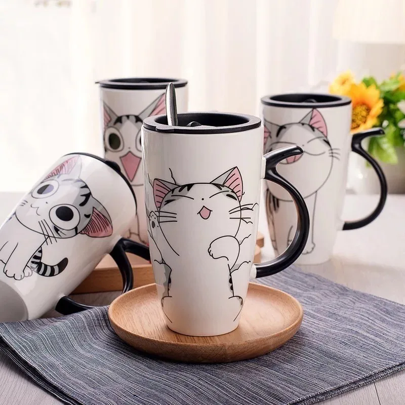 

600ml Cute Cartoon Ceramic Cup Milk Coffee Cup Personality Couple With Lid Large Capacity With Lid Spoon Drinking Cup With Straw