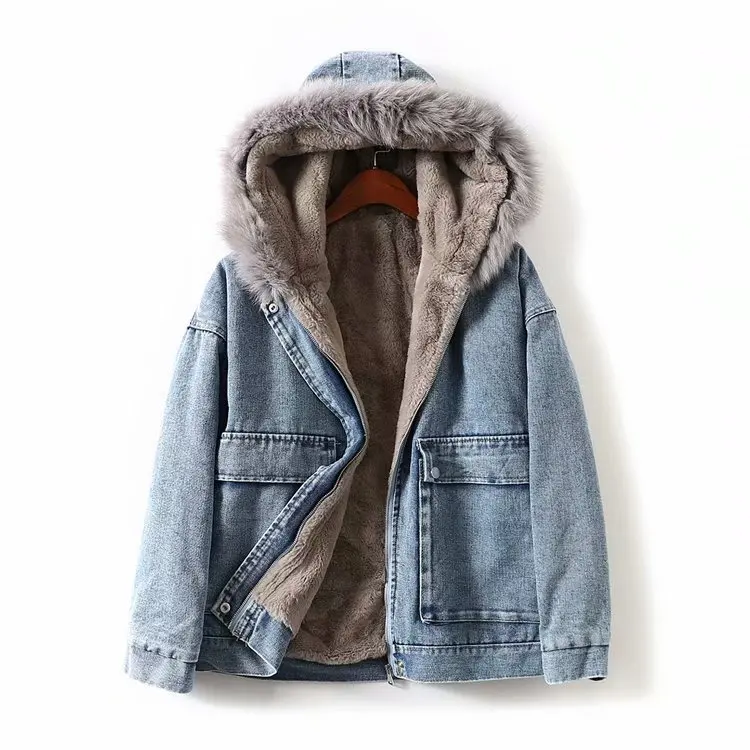 

2019 Autumn And Winter New Style Genuine Fur Collar Warm plus Velvet Cotton-padded Clothes Loose Casual Jeans Coat Cotton Coat T