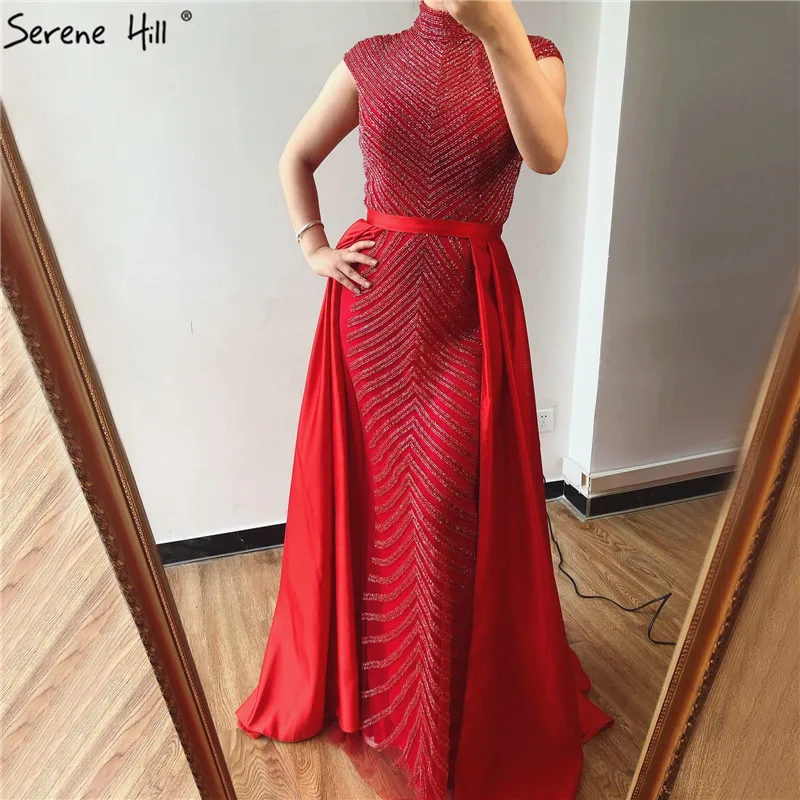 Дубай, новейший дизайн, роскошное красное платье русалки с высоким горлом, платья для выпускного вечера, платья для выпускного с бусинами без рукавов, беззаботный холм DLA60866