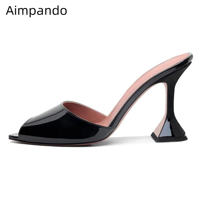 

Sexy Pointed Toe Peep Toe Slippers Women Individual Goblet Heel Bright Genuine Leather Sequins High Heel Party Shoes Woman