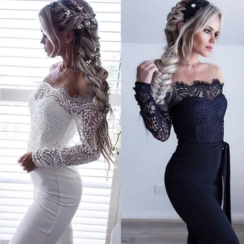 

Spring 2019 Women Sexy Lace Floral Jumpsuit slim fit Long Sleeve Jumpsuit Fashion Slash Neck Lace Patchwork Long-sleeved Belt